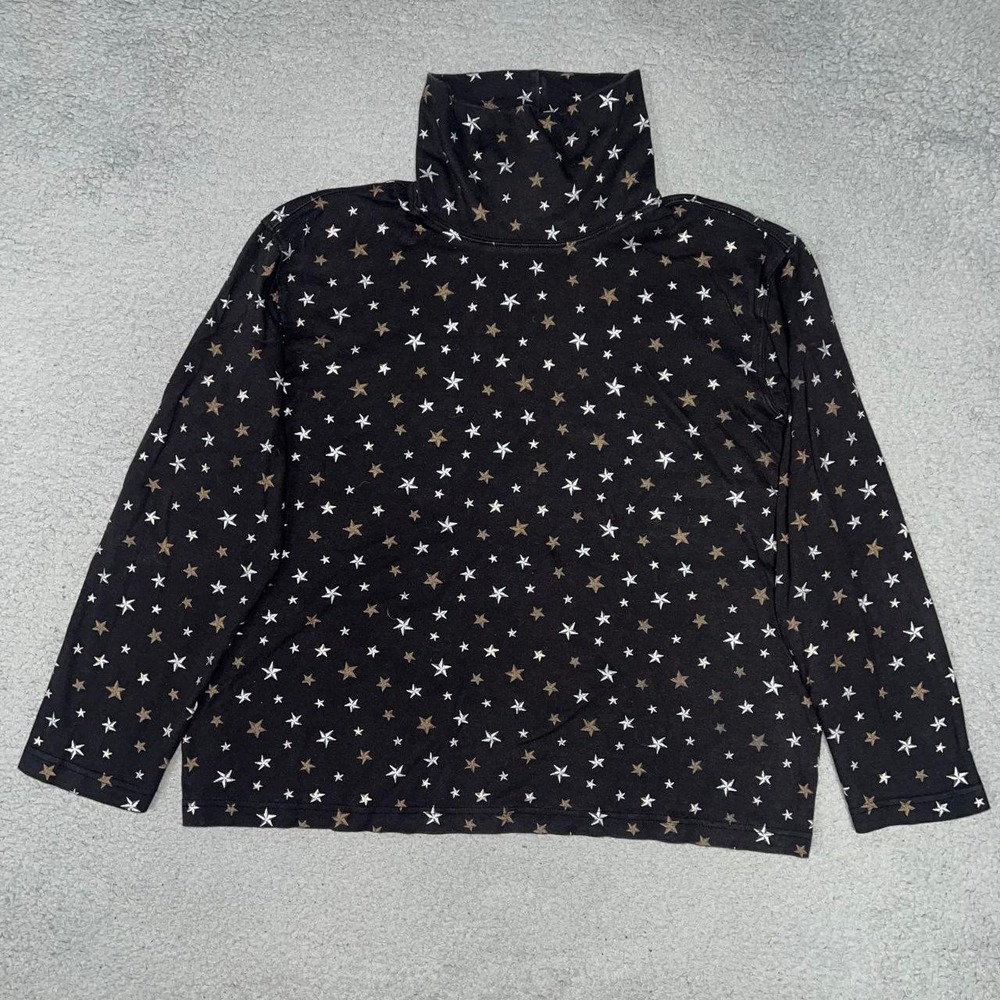VTG Talbots Shirt Women's Sz XL Black AOP Micro Star Turtle Neck Long Sleeve Top